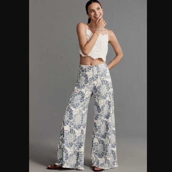 New 31 Anthropologie x Pilcro The Adi printed linen mid-rise flare pants in blu - Picture 1 of 11